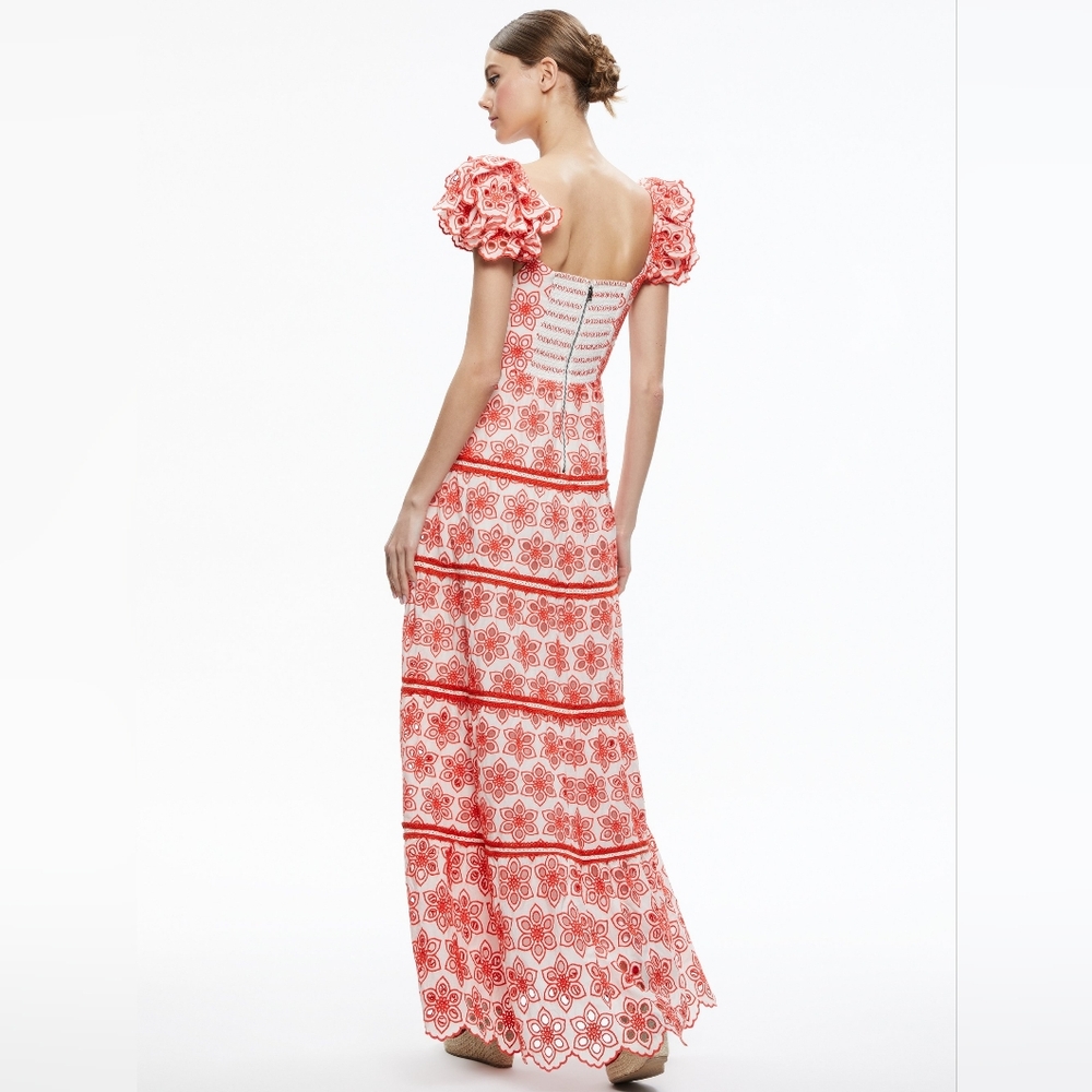Alice + Olivia White Maxi Dress with Red Floral Eyelet Pattern - Picture 2 of 12